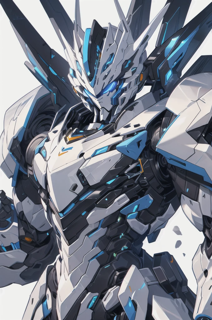 [(WHITE BACKGROUND:1.5)], nijimecha,Blue mech standing,mech with heavy armor,thick limbs,energy core,power armor,full armor,best quality,masterpiece,no human being,v-fin,bule theme,(upper body)