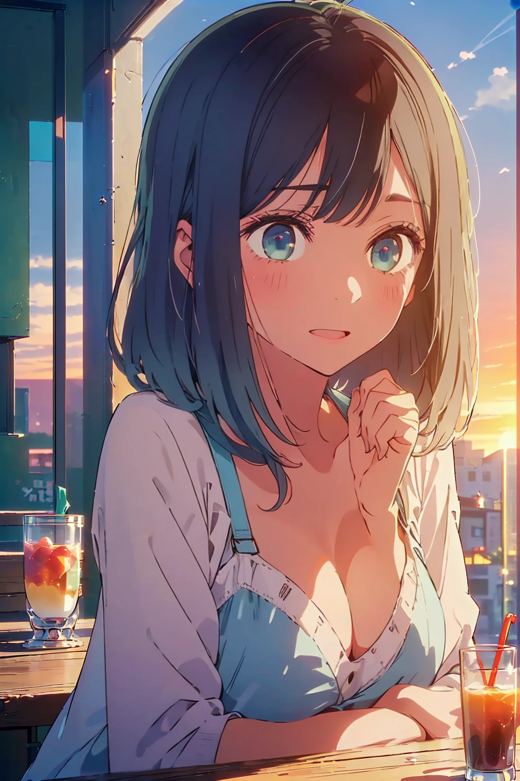 (Highest quality:1.4、masterpiece:1.4、Super detailed:1.4、8K:1.4)、F cup bust、Big Breasts、Slim body、((((1 person、Surprised expression、sit、In the background are the urban buildings of Tokyo、looking at the camera、Outdoor café terrace、Navy hair color、From an angle、Get closer、juice、table、Very cute face))))、((nude、Areola、bikini size too small))、(Sunset Beach:1.4、sunset:1.4)、Big eyes、((((Shallow depth of field))))