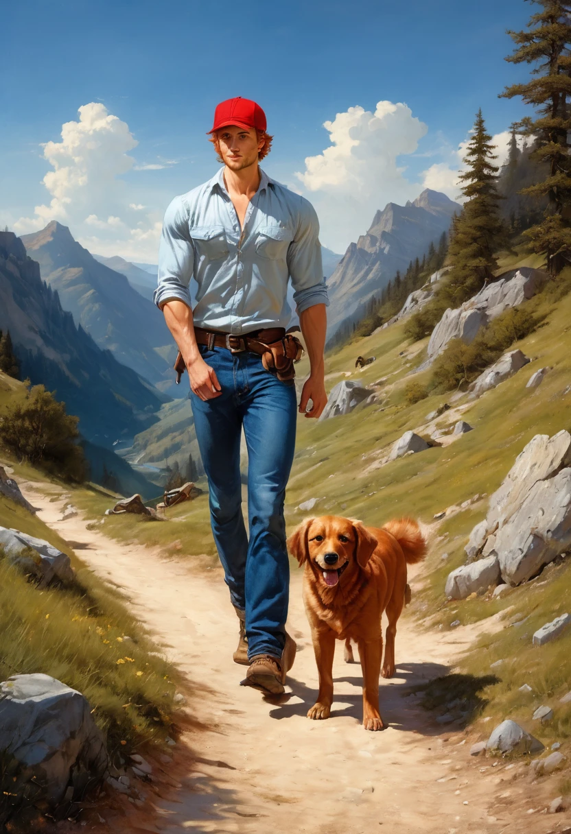 1 man walking on a mountain rural pathway  wearing lumberjack shirt, blue jeans, brown bots, blue indigo back bag, blue cap, smiling , by Aaron Horkey and Jeremy Mann, masterpiece, best quality, Photorealistic, ultra-high resolution, photographic light, illustration by MSchiffer, fairytale, Hyper detailed 
A mixture of photography and painting, Composition of Perfect Divine Proportione, 8k resolution fullbody image,(( view from the front)) full body, oil painting 
A young man, white skin, ginger, barbed, hairy body, thin face, straight nose, thin lips, square chin, large light blue eyes, short red wavy hair, in roberto ferri style, aesthetic slim athletic body, ginger realistic skin, gorgeous, detailed tonned muscles, barefoot, perfect anatomy, muscled fitness body, in caravagio+rubens+rembrant art style. Young man, perfect anatomy, , energetic splendid,  
 the composition of shadows and lights give an atmosphere of spaciousness,
he is walking on a mountain rural pathway  wearing lumberjack shirt, blue jeans, brown bots, blue indigo back bag, blue cap, smiling natural lighting, 
in the backgrund, moutains, clouds, sunrice a small brown dog
