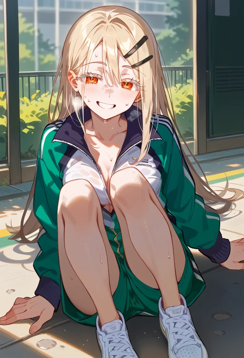Highest quality, masterpiece, No correction, Beark, Hiro Gym,shinosawa hiro,thin,Orange eyes,White eyelashes,Blonde,Long Hair,Hair Clip,Track jacket,Green shorts,White sneakers, Sweating on the head, Heavy breathing, Head Focus, Transparent sneakers, Open shirt,Shining expression、Dirty face、Grin、 (masterpiece:1.2, Highest quality), (Fine and beautiful eyes: 1.2), (Beautiful and dense face), (Sharp facial hair between the eyes)