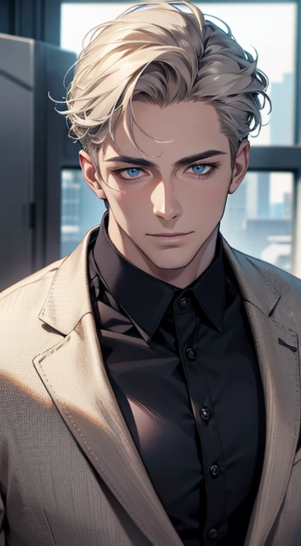 (best quality,4k,8k,highres,masterpiece:1.2),ultra-detailed,(realistic,photorealistic,photo-realistic:1.37),1 man,31 years old,mature man,very handsome,without expression,smile,short grey golden hair,blue eyes,penetrating gaze,perfect face without errors,imposing posture,businessman,office background,cinematic lighting,hdr image