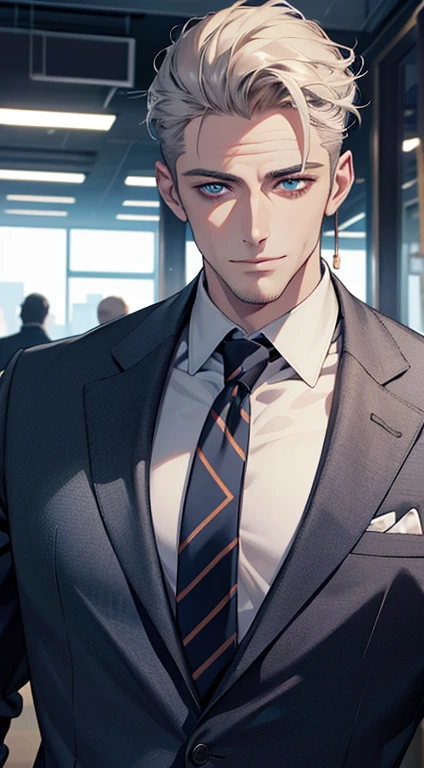 (best quality,4k,8k,highres,masterpiece:1.2),ultra-detailed,(realistic,photorealistic,photo-realistic:1.37),1 man,31 years old,mature man,very handsome,without expression,smile,short grey golden hair,blue eyes,penetrating gaze,perfect face without errors,imposing posture,businessman,office background,cinematic lighting,hdr image