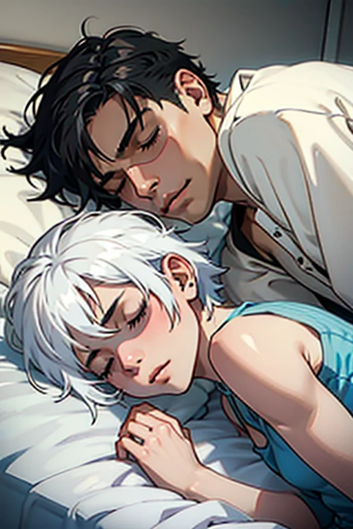 Girl with short white hair small and really skinny,  sleeping in bed with a guy with short black hair 