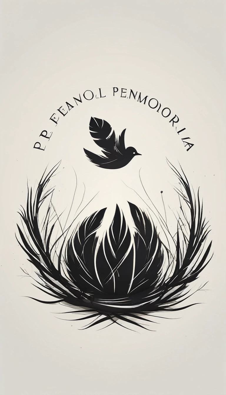 A minimal, modern, simple, cinematic logo design for the brand “Penamemoria". Create a modern, minimalistic, high-quality, logo of a boy inside a nest made of feathers. The logo must be a symbol for dreams, stories, memories, music and imagination.