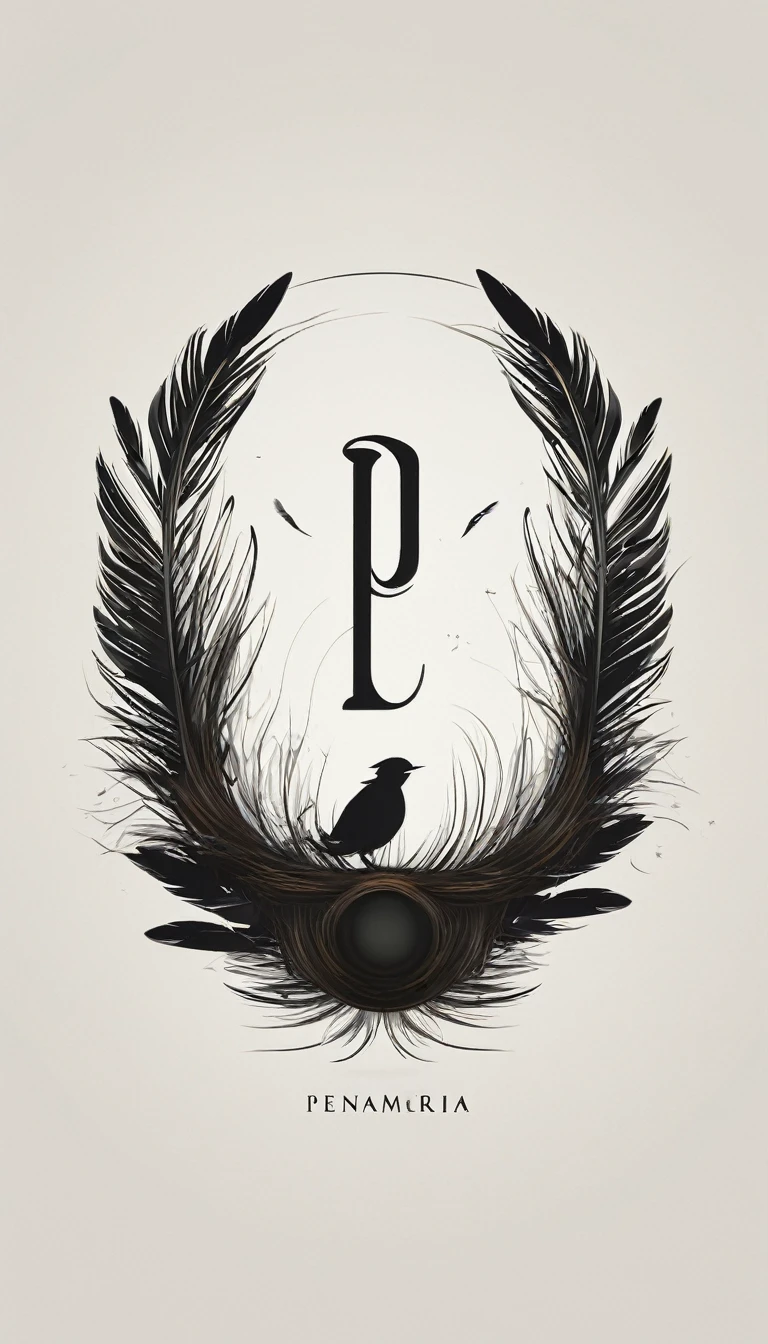 A minimal, modern, simple, cinematic logo design for the brand “Penamemoria". Create a modern, minimalistic, high-quality, logo of a boy inside a nest made of feathers. The logo must be a symbol for dreams, stories, memories, music and imagination.
