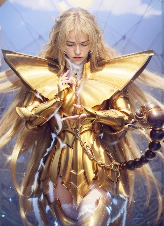 Ultra realistic, 8k, uhd, photorealistic, masterpiece, insane details, insane definition, skin texture, gold texture, a beautiful boy of 20 years old, golden decourated armor, blonde long hairs, closed eyes
