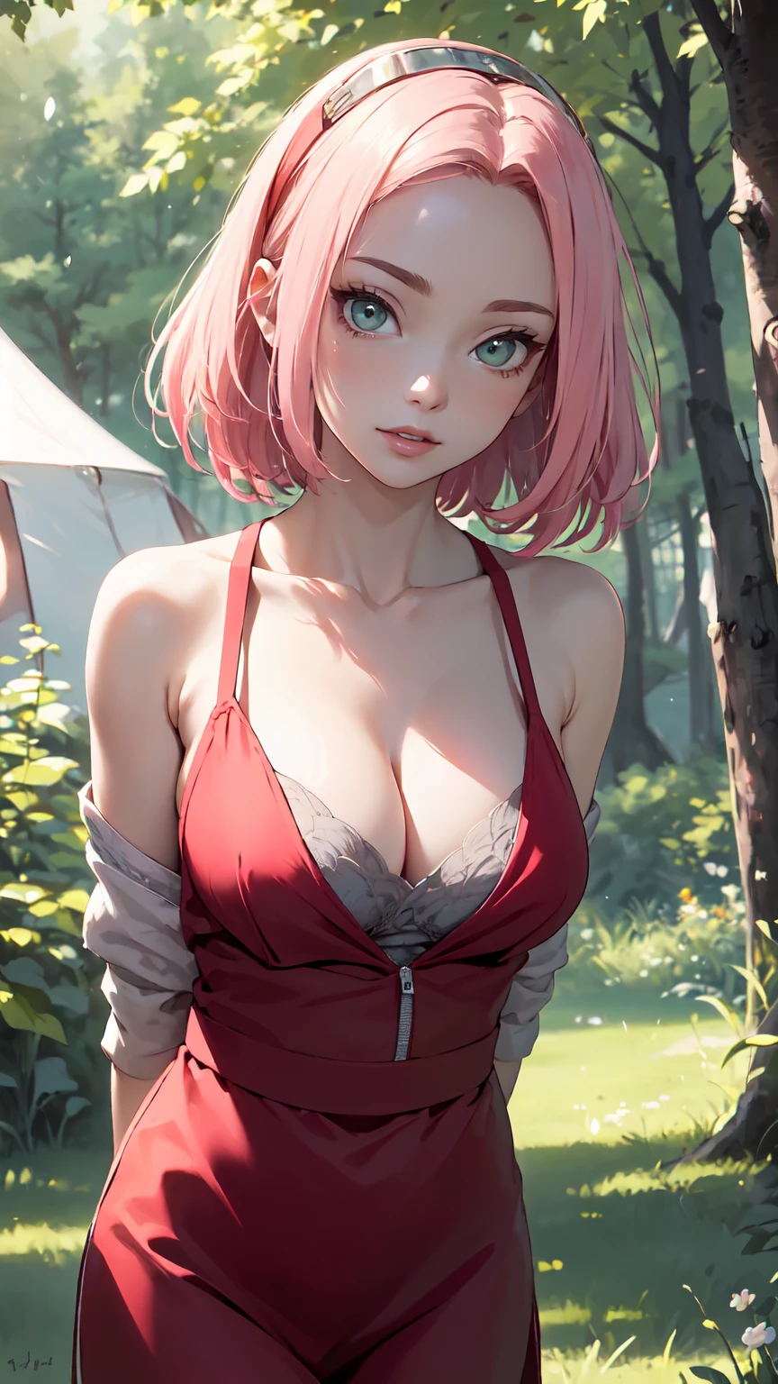 cleavage,(best quality)), ((masterpiece)), (detailled), perfect face((best quality)), ((masterpiece)), (detailled), perfect face(best quality)), ((masterpiece)), (detailled), perfect face(best quality)), ((masterpiece)), (detailled), perfect face,stunning realistic, photorealistic, Photorealism, 1 Haruno cherry,standing in a tent,arms behind back,
