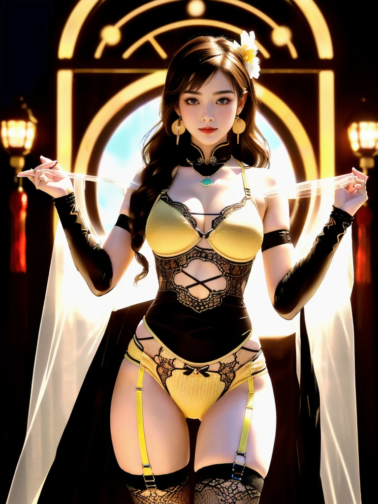An Asian Chinese female model, (Night background), (8K Ultra HD, Digital SLR Camera, Soft Light, high quality, Volumetric Lighting, frank, photo, high resolution, 4K, 8K, Bokeh), ((Create stunning images of real girls), warm light, Dynamic poses, Elegant Posture, Cowboy lens, Full body front view, From the front,Be confident, Front of the body facing the camera, Standing posture facing the camera, Open your legs slightly, Golden Ratio Graphics, Minimalism), (Show a charming smile, Willow Leaf Eyebrows, big eyes, Apricot eye prick, Cherry Blossom, Balanced Eyes, Oval face, Pretty Face, Normal facial features, Skin is transparent and visible, Thin skin and tender meat, cosmetic, earrings, bracelet, necklace, Jewelry, veil, Hair accessories), (Brown hair, Wavy curly hairstyle, Waist-length hair, Messy Hairstyle, Gradient hairstyles, Cyberpunk hairstyle), ((Transparent clothes:1.5), (Color of clothes:Corn color), Mesh clothes,Transparent mesh one-piece swimsuit, Three-point bra with straps), (Sexy, Perfect breast shape, Teardrop-shaped chest shape, Snow-white breasts, very detailed breasts, 34E cup), (Super high waist clothes, Waist hollow,Camel toe, Levain), (Black buds, Sheer lace knee socks, 吊garter, Leg ring, garter, 腿部garter)