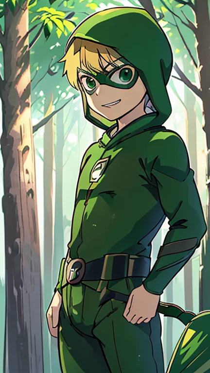 best quality,masterpiece,1boy,solo,(((13years old))),japanese boy,an extremely cute and handsome boy,highly detailed beautiful face and eyes,petit,cute face,lovely face,baby face,shy smile,show teeth, Blonde hair,Short hair,flat chest,skinny,slender,(((wearing a Green Arrow costume, Green hero mask style, green hood))),(((standing in bright Daylight Ghibli style forest))),he is looking at the viewer,