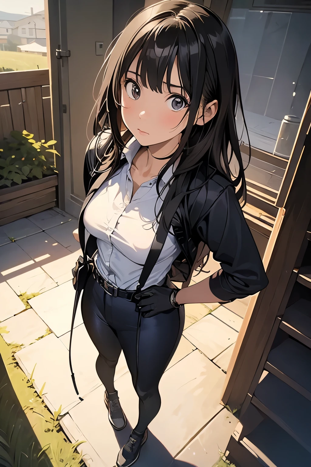 high quality, masterpiece, Ultra-high resolution, (realism: 1.4), Oil painting style, Cinema Lighting, An endless grassland dotted with a few houses, I stood on the empty asphalt road and looked at it., Fairy Mountain々was shrouded in mist, And the suspenders with the cranes flying Moderate breasts Small face holster Beautiful woman Lying in bed Looking up Sweat belt summer 脇Sweat Black Hole Gloves suit shirt Black jacket Black trousers Leg Links ズボンにbelt holster Nipples showing through clothes, caught Hands behind your back Anxious expression Looking up Anxious face