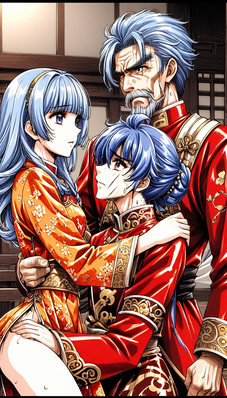 A tragic historical drama in 8k live-action style: Beautiful palace secrets Beautiful 10 year old Chinese Kung Fu princess with short blue hair has very rough unwanted sex with old man emperor Gorgeous embroidery, Ultra glossy, She is wearing a shiny red top and bottom long sleeve floral pajama kung fu suit.... She has her clothes torn