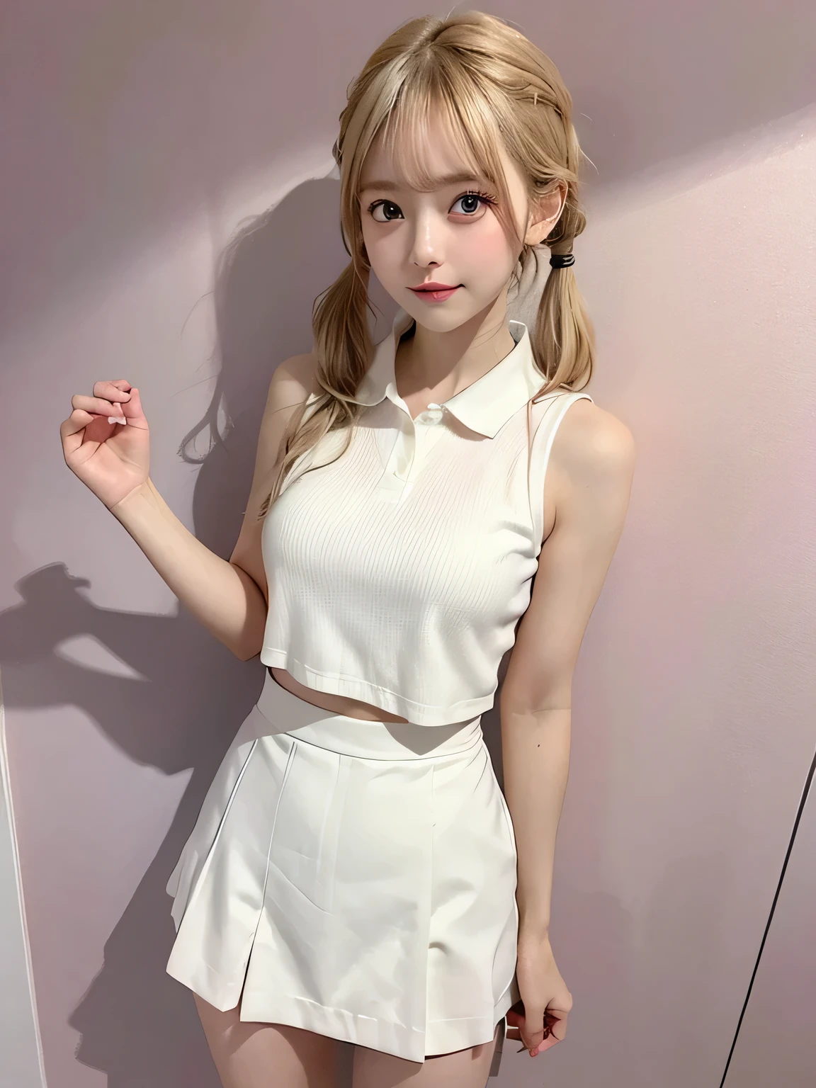 One person、11 years old、Full body photo,slender、woman、White drool coming out of the mouth、smile、、Blonde、Twin tails、 Fair skin, messy hair, super cute、Soft and Face、8K resolution、Surreal、Ultra high definition、 A-cup small breasts((Highest resolution、8K、masterpiece:1.3))、Ultra-fine face、Ultra Fine Lips、Beautiful Eyes、double eyelid,Pink wall、A sleeveless, collared green polo shirt、White Skirt、Thighs、thin,Thighsが見える、Shapely small breasts、sexy、So cute!
