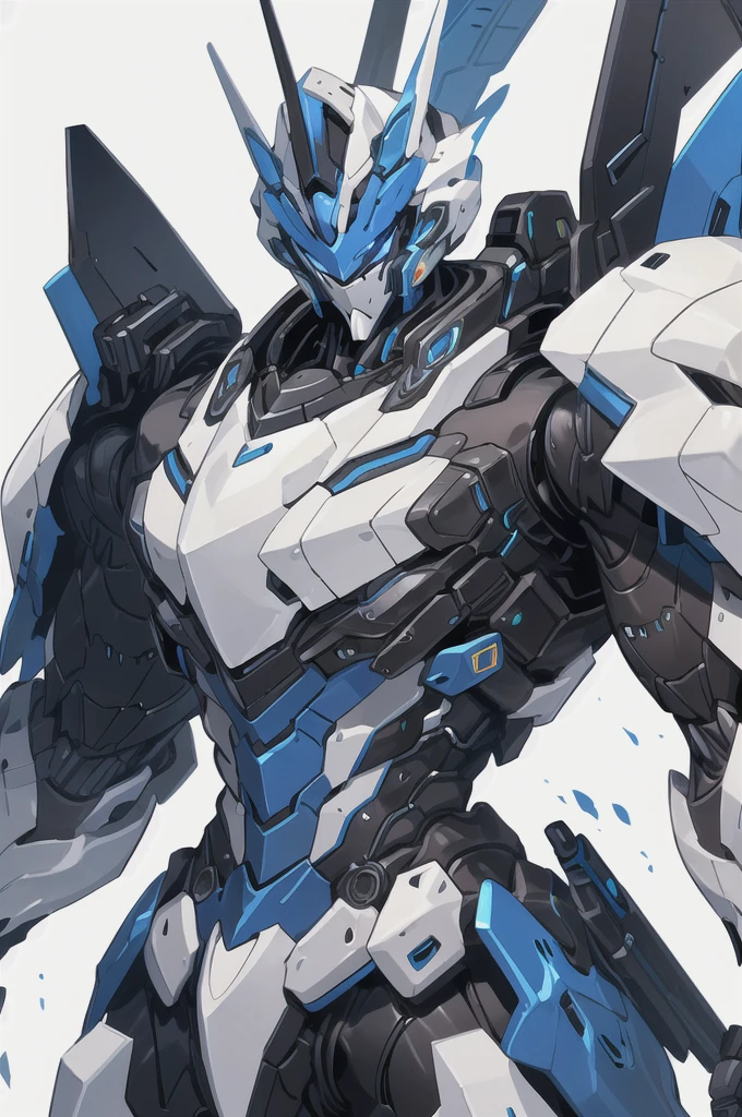 [(WHITE BACKGROUND:1.5)], nijimecha,Blue mech standing,mech with heavy armor,thick limbs,energy core,power armor,full armor,best quality,masterpiece,no human being,v-fin,bule theme,(upper body)