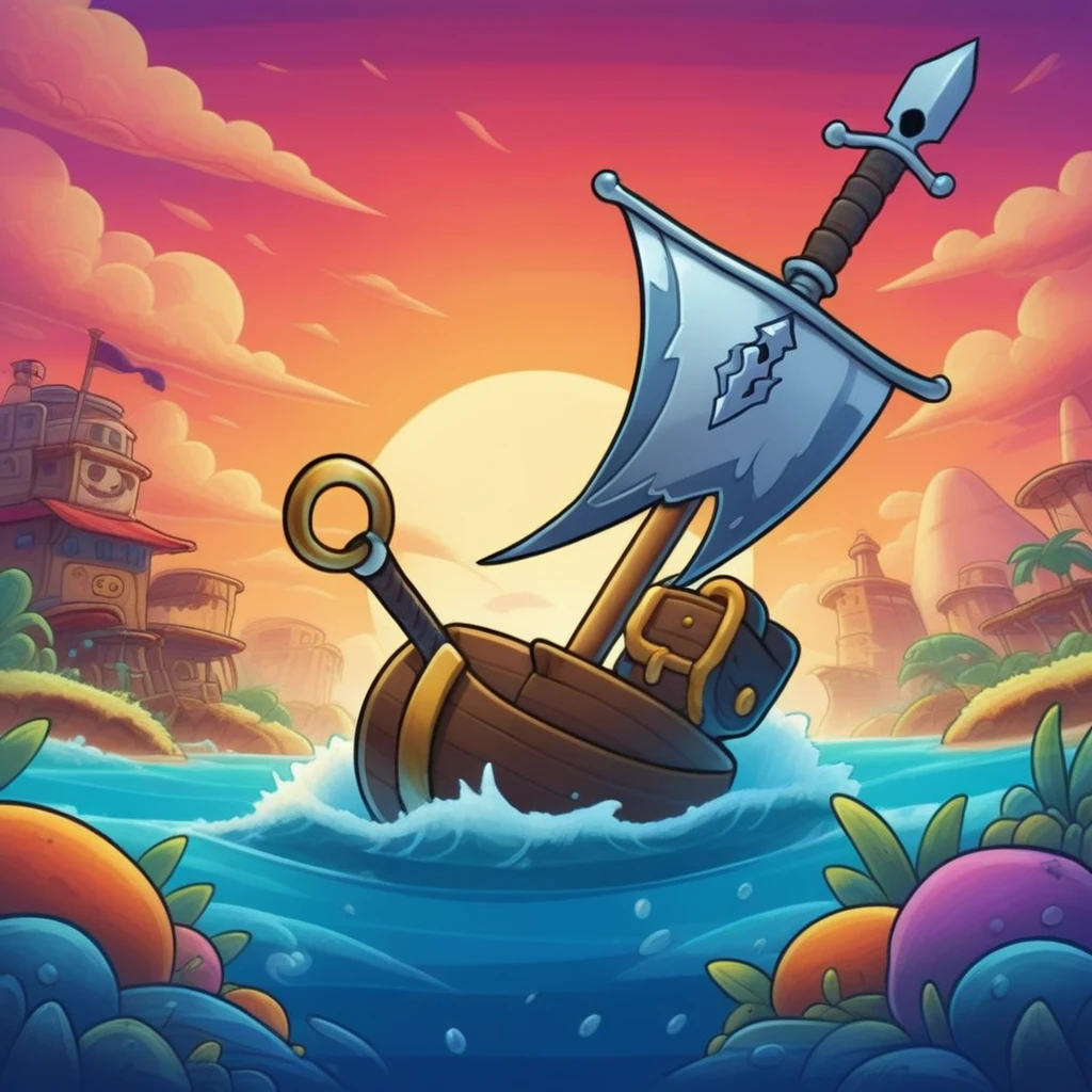 symbol, pirate sword's, mobile game art, banner, detailed game art, stylized game art, game illustration, splash screen art, full card design, extended art, adtime style art, saturated colorful