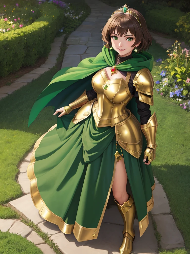 masterpiece, best quality:1.2), 1girl, smile, looking at viewer, green eyes, short brown hair, princess, armor, armored dress, green cloak cape, wearing puffy blue ballgown skirt, golden tiara with green gem, armored boots, fingerless gloves, standing in medieval garden