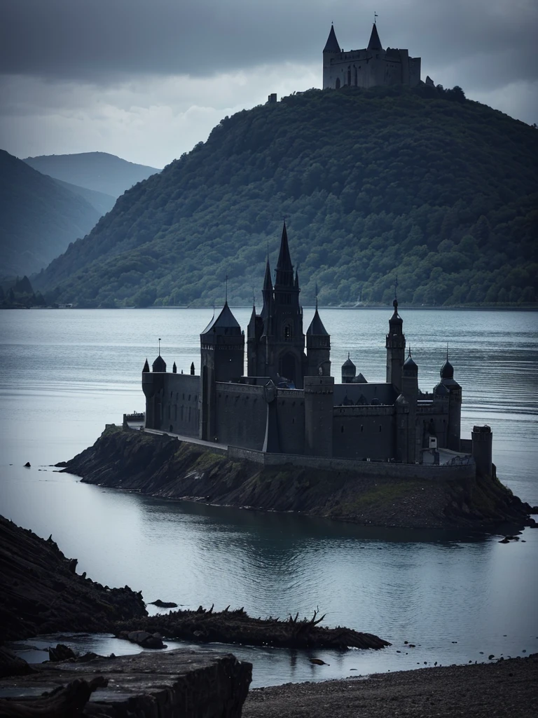 a dark huge black castle of black stones in the background, surrounding the castle there is a huge lake with black and gloomy waters, in front of the castle the land is dead and crows roam the place and dead fallen trees