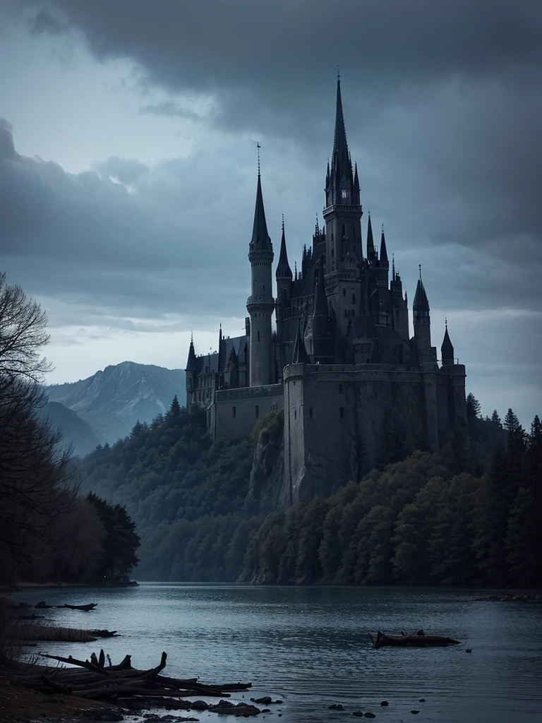 a dark huge black castle of black stones in the background, surrounding the castle there is a huge lake with black and gloomy waters, in front of the castle the land is dead and crows roam the place and dead fallen trees