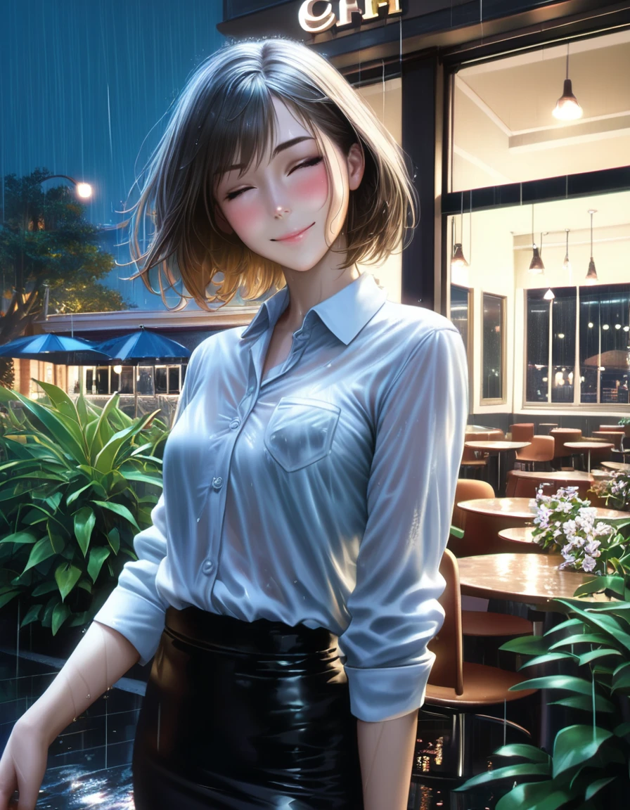 (8k, best quality, masterpiece: 1.2), (Realistic, photorealistic: 1.37), highly detailed, one girl, , alone, small breasts, beautifully detailed sky, detailed cafe, night , (blushing), (smiling: 1.15), (mouth closed), small, (collared shirt: 1.1), night, wet, office clothes, rain, white lace, (short hair: 1.2), floating hair NovaFrogStyle, random sexy poses,