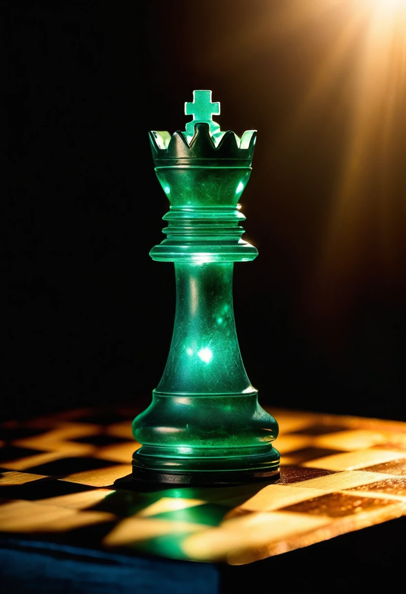 (bishop chess) piece by jonathan monk, bioluminescent, sharp focus, photorealism, soft diffuse autumn lights, some sun light ray, dark room wall, canon 5d 50 mm lens