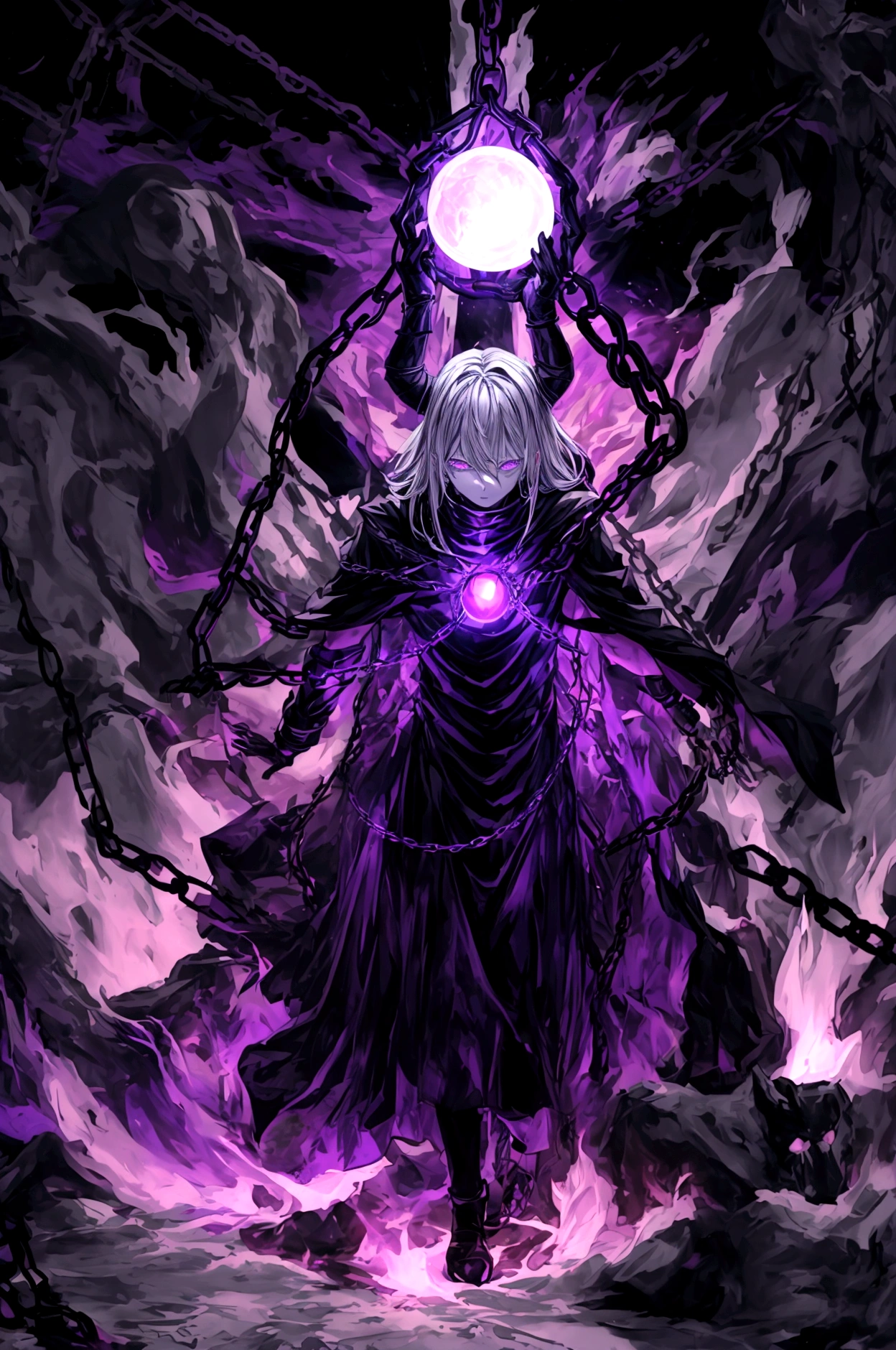 Make, god of destruction, almighty, destruction, can control a lot of chains, holding a dark sphere with chains circling it, dark clothing, black, purple, male