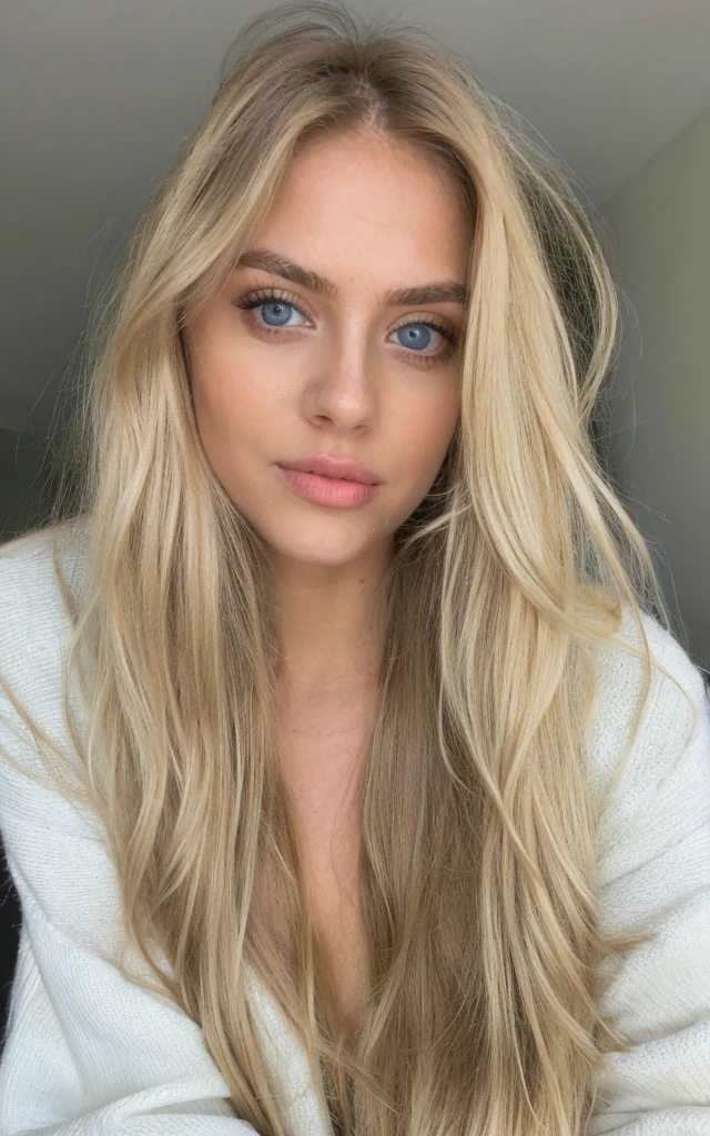 Blonde woman with long hair and a white sweater posing for a photo, a gorgeous blonde, longos blonde hair and large eyes, beautiful blonde girl, longos blonde hair and large eyes, blonde hair and large eyes, blonde girl, blonde russian woman, 