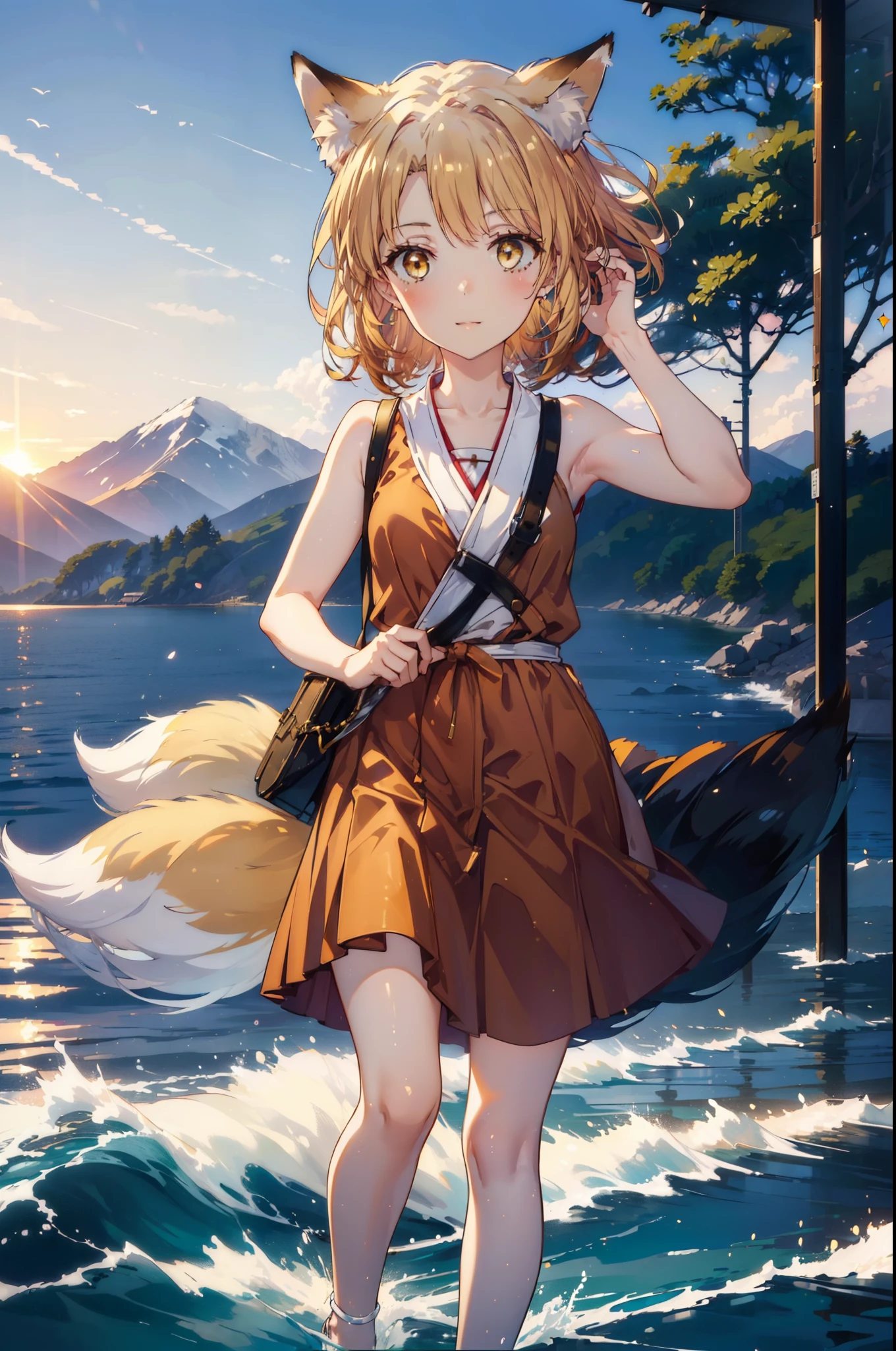 Irohaisshiki, isshiki iroha,Short Hair, Brown Hair, (Brown eyes:1.5), happy smile, smile, Open your mouth,animal(Fox Ears,Fox tail),Yellow sleeveless dress,Yellow long skirt,Cute Sandals,Push-type suitcase,background(Ships at anchor),port,My hair is blowing in the wind,Holding her hair with her right hand,whole bodyがイラストに入るように,Are standing,morning,morning陽,The sun is rising,Cruise,
break outdoors, port,Ocean,
break looking at viewer,whole body,
break (masterpiece:1.2), Highest quality, High resolution, unity 8k wallpaper, (shape:0.8), (Beautiful and beautiful eyes:1.6), Highly detailed face, Perfect lighting, Highly detailed CG, (Perfect hands, Perfect Anatomy),