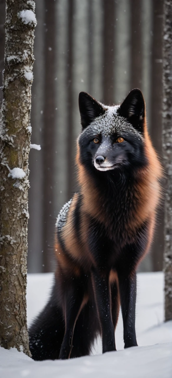 Black fox in snow forest
