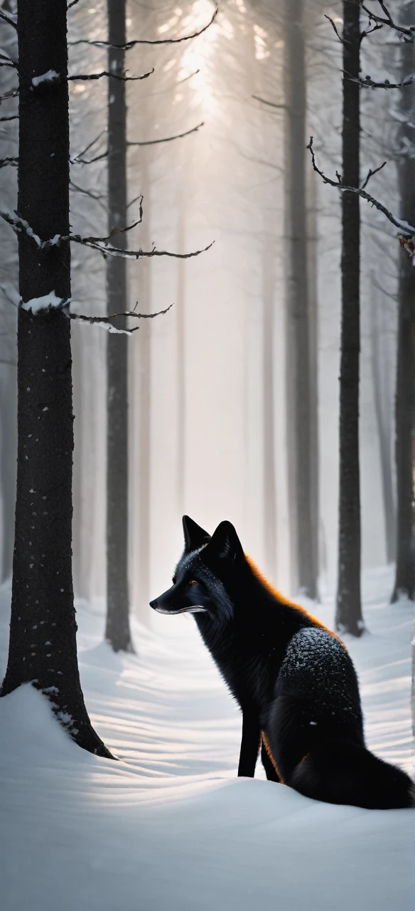 Black fox in snow forest