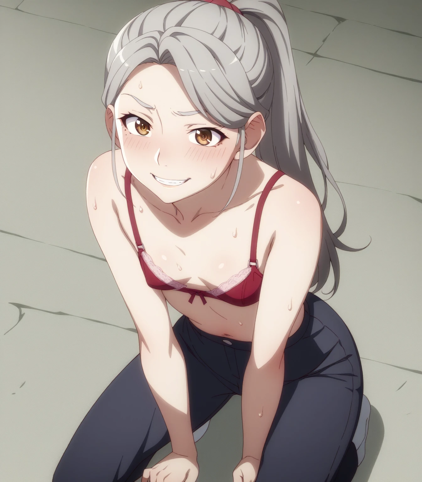 One person、masterpiece、Highest quality、Super detailed、High resolution illustrations、Improve skin quality、Increase eye appeal、Drawn in detail、Perfect body structure、Old woman、Half-taken off business suit、Kneeling、Show off a plain-looking bra、Are thin、Small breasts、Tall、Skin blemishes、Skin wrinkles、Aged skin、Wrinkled skin、Outdoor、Embarrassing、Shy laugh、Sweat it out、Sigh、Heat、Gray Hair、Downcast eyes、mole、Long Hair、ponytail、