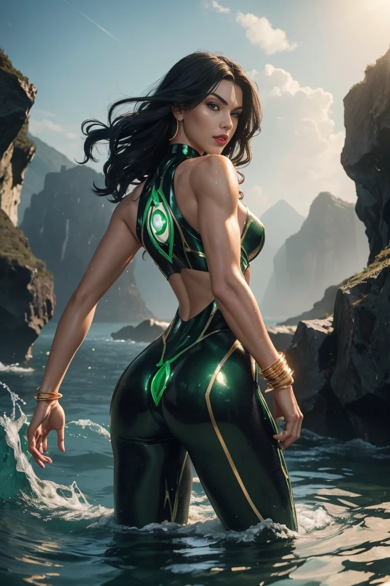 Full body shot seen from behind Sexy 14 years old, superheroine Aquagirl long shaggy wet black hair falling on her long black shoulders, glowing green, eyes red lips muscular body large breast wears a transparent green scaly shiny elastic body-fitting wetsuit, plunging sleeveless top gold shoulder pads gold bracelets revealing abs midriff a Z symbol on her chest portrait photography by artgerm, in the style of realism, glistening skin, cartooncore, mangacore, natural lighting, Defined full lips. Muscular fitness feminine body standing in the water in the background is a huge terrifying water monster