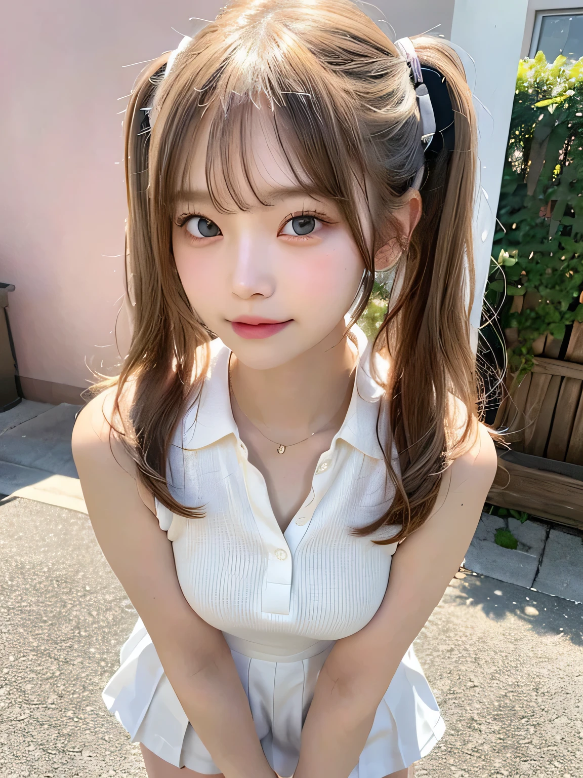 One person、11 years old、Full body photo,slender、woman、White drool coming out of the mouth、smile、、Blonde、Twin tails、 Fair skin, messy hair, super cute、Soft and Face、8K resolution、Surreal、Ultra high definition、 A-cup small breasts（（Highest resolution、8K、masterpiece：1.3））、Ultra-fine face、Ultra Fine Lips、Beautiful Eyes、double eyelid,Pink wall、A sleeveless, collared green polo shirt、White Skirt、Thighs、thin,Thighsが見える、Shapely small breasts、sexy、So cute!