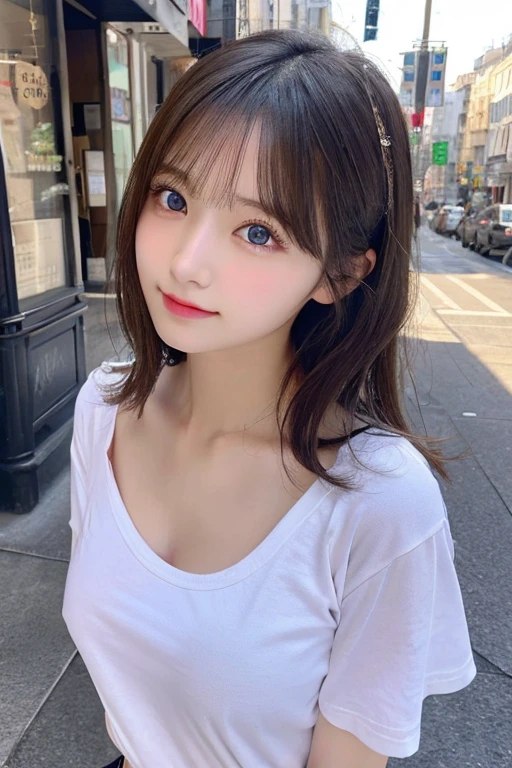 (Full body photo)、 girl), (Perfect hands:1.2), (Perfect :1.2), (Highest quality:1.3), (masterpiece:1.3), (Very detailed:0.8), 18-year-old, Perfect Face, Cute and symmetrical face, Baby Face, Pink Lips, (:1.1), High resolution,   8K,  Happy, charm的な  (toru asakura: 1.3),  (Beautiful Face: 1.1), beautiful girl, cute, charm, beautiful detailed 顔, blue eyes, detailed 目s, Sparkling eyes, charm的な目の反射, Sparkling eyes, Pupil depth and three-dimensional effect, Small breasts、Detailed skin, Shiny skin, Cafe、Small Head,Small breasts、B cup breasts、Large T-shirt、She is leaning forward、Nipples are visible from between clothes