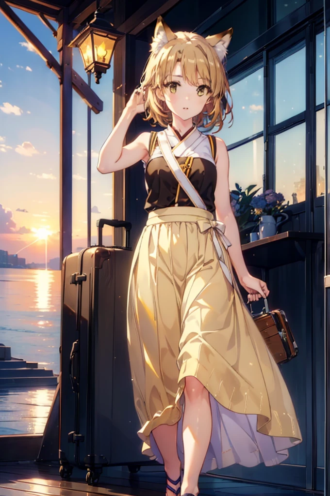 Irohaisshiki, isshiki iroha,Short Hair, Brown Hair, (Brown eyes:1.5), happy smile, smile, Open your mouth,animal(Fox Ears,Fox tail),Yellow sleeveless dress,Yellow long skirt,Cute Sandals,Push-type suitcase,background(Ships at anchor),port,My hair is blowing in the wind,Holding her hair with her right hand,whole bodyがイラストに入るように,Are standing,morning,morning陽,The sun is rising,Cruise,
break outdoors, port,Ocean,
break looking at viewer,whole body,
break (masterpiece:1.2), Highest quality, High resolution, unity 8k wallpaper, (shape:0.8), (Beautiful and beautiful eyes:1.6), Highly detailed face, Perfect lighting, Highly detailed CG, (Perfect hands, Perfect Anatomy),