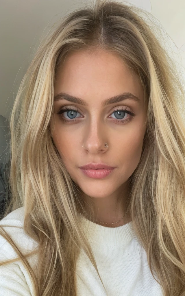 Blonde woman with long hair and a white sweater posing for a photo, a gorgeous blonde, longos blonde hair and large eyes, beautiful blonde girl, longos blonde hair and large eyes, blonde hair and large eyes, blonde girl, blonde swedish woman,