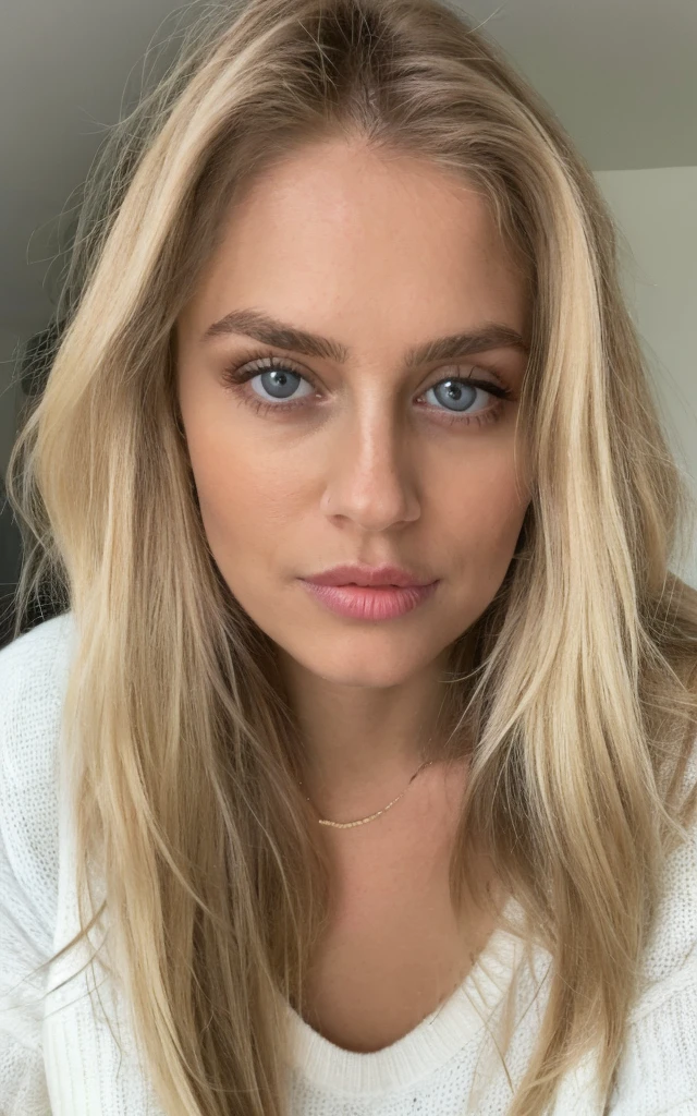 Blonde woman with long hair and a white sweater posing for a photo, a gorgeous blonde, longos blonde hair and large eyes, beautiful blonde girl, longos blonde hair and large eyes, blonde hair and large eyes, blonde girl, blonde swedish woman,