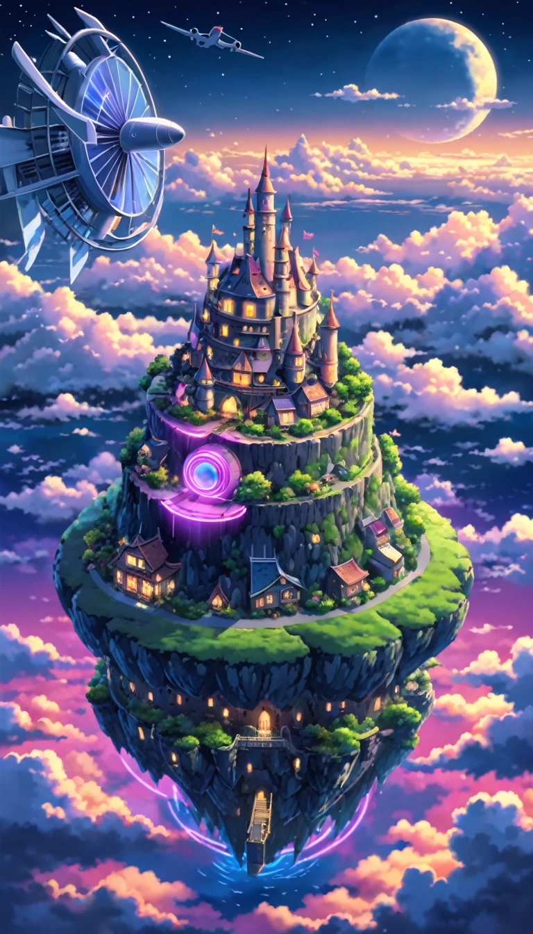 飛行船に取り付けられたCastle in the Skyの写真,ジブリ風 Castle in the Sky style, Castle in the Sky,windmill,, An aircraft turbine mounted on the bottom of the island, Above the Clouds, night, Illuminated floating island、Neon Light, Fantasyな大きな満月, performer, Futuristic,Fantasy、Fantasy、8k、4k、Delicate、Faithfully、