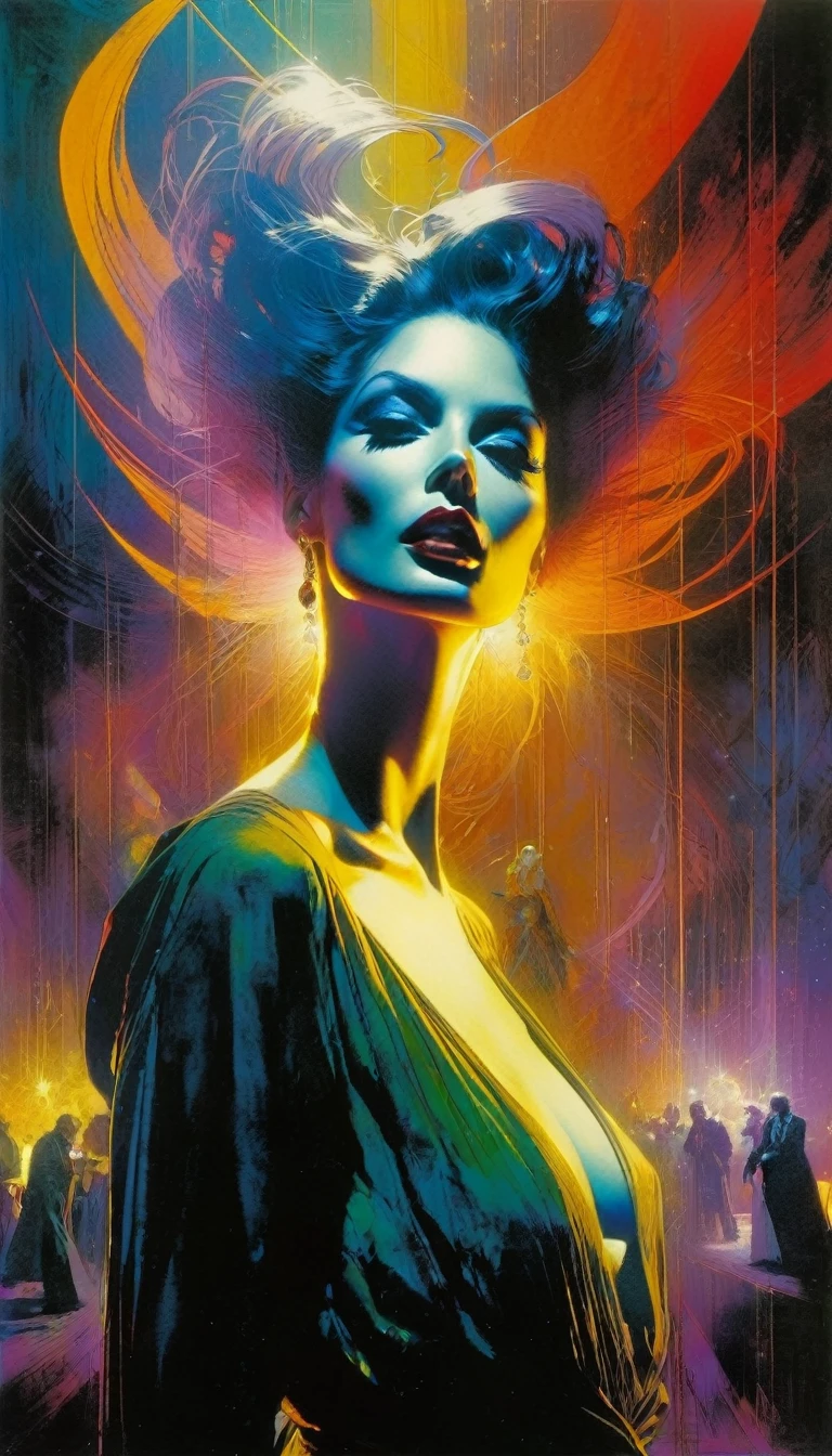 The art of seduction (art inspired in Bill Sienkiewicz). oil painting) (best quality,4k,8k,highres,masterpiece:1.2),ultra-detailed,(realistic,photorealistic,photo-realistic:1.37),intricate details,vivid colors,sharp focus,professional,Dave McKean artwork, oil touch of surrealism,oil painting style