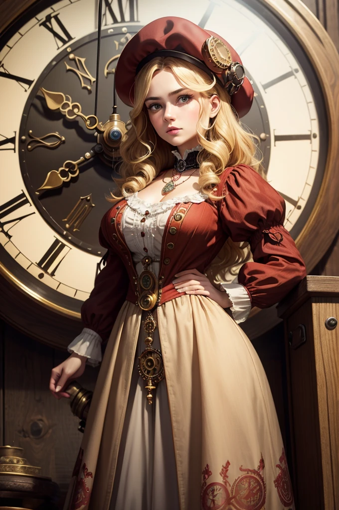 close-up, straight hair blonde short curly  girl the little red hat, clock on necklace, (Victorian era), ((steampunk)), cinematography, worked, elegant, meticulous, magnificent, maximum detail, extremely hyper-aesthetic, intricately detailed, lots of gears, old town background
