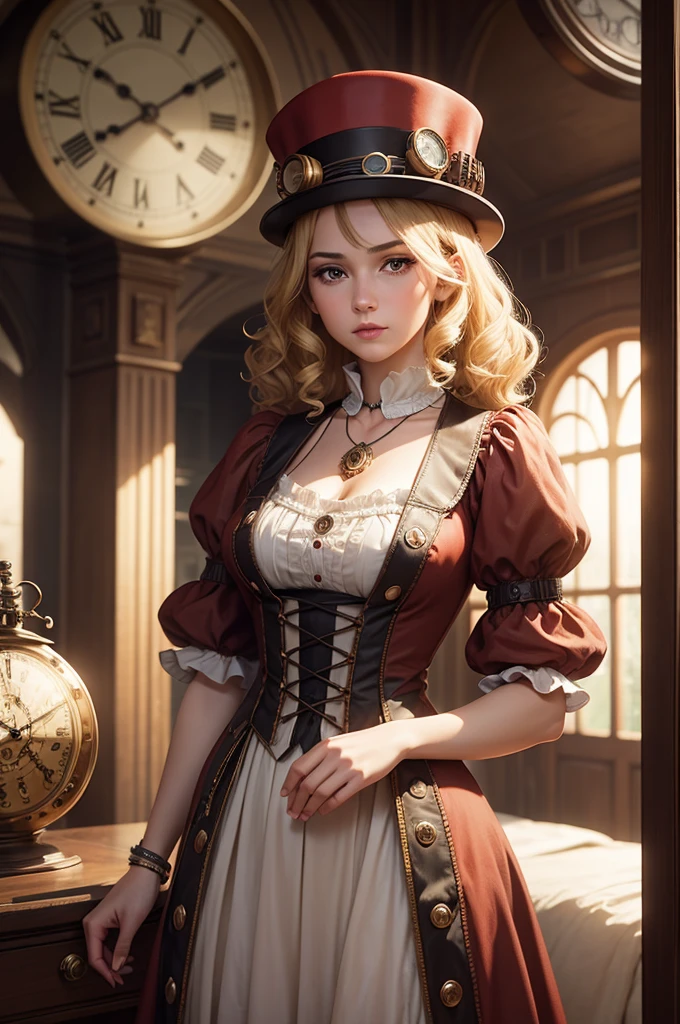 close-up, straight hair blonde short curly  girl the little red hat, clock on necklace, (Victorian era), ((steampunk)), cinematography, worked, elegant, meticulous, magnificent, maximum detail, extremely hyper-aesthetic, intricately detailed, lots of gears, old town background