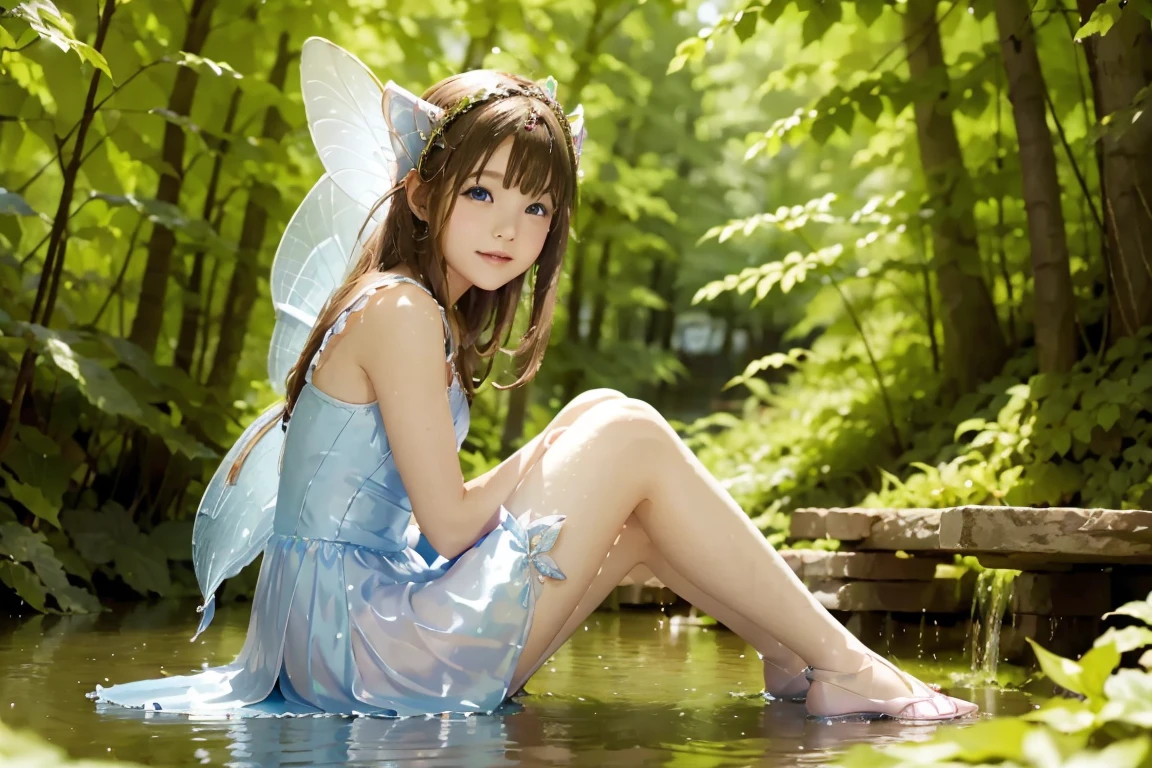 a fairy sitting neaby the lake of stinky slime, beautiful background