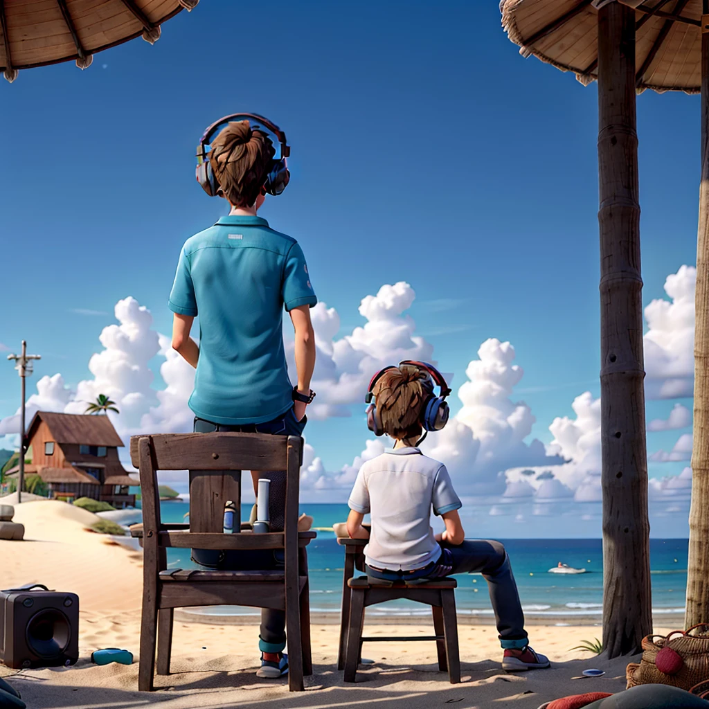 A single boy with no one beside sitting in a public chair in a beach with casual outfits who is listening to music with his headphones seen from a 400 metre of  distance from his back but his face cannot be seen and there is only a big calm ocean with nothing on it and with no banks in front of him and there is no man made structure nor peoples.

