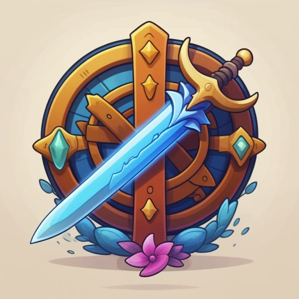 symbol, curve sword, mobile game art, banner, detailed game art, stylized game art, game illustration, splash screen art, full card design, extended art, adtime style art, saturated colorful