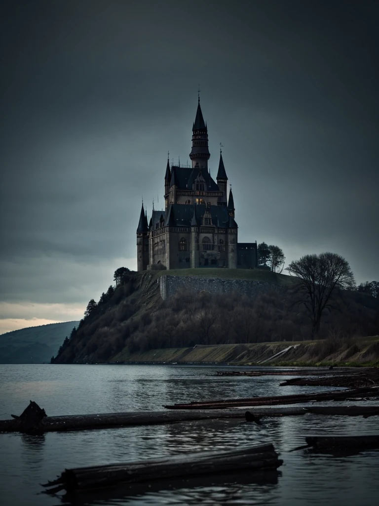 a dark huge black castle of black stones in the background, surrounding the castle there is a huge lake with black and gloomy waters, in front of the castle the land is dead and crows roam the place and dead fallen trees