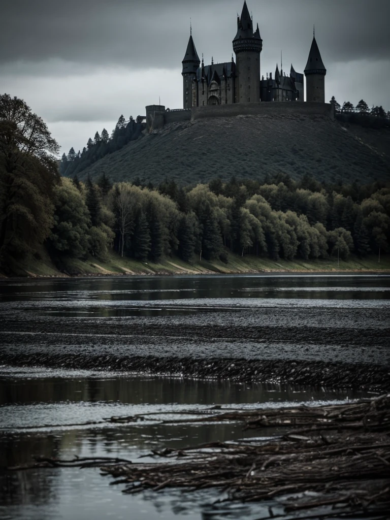 a dark huge black castle of black stones in the background, surrounding the castle there is a huge lake with black and gloomy waters, in front of the castle the land is dead and crows roam the place and dead fallen trees