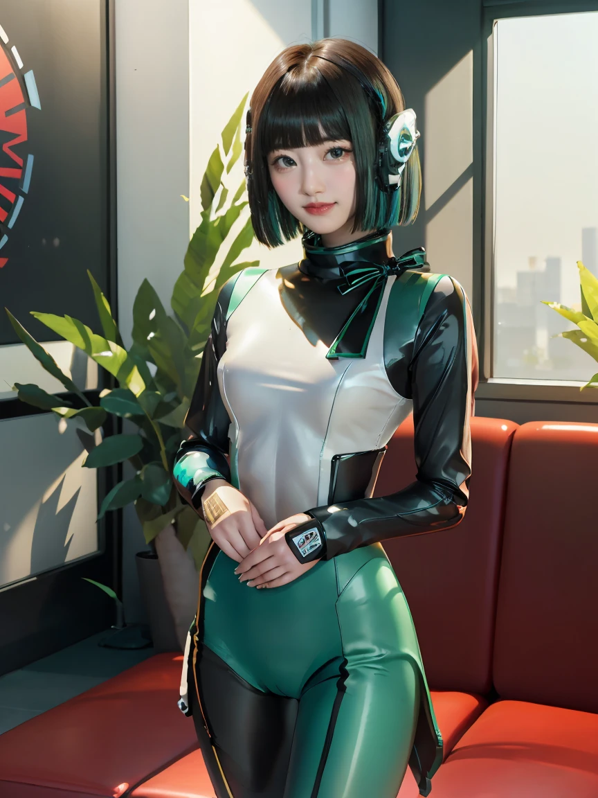 (extremely detailed CG), (best quality), 1girl,solo perfect face,  shiny skin, lustrous skin, wide hips, narrow waist, kamen rider zero-two, ZeroTwo, rider belt, green armor, bodysuit, green armor,gloves, black bodysuit, red gloves  HeroineIzu ,,aqua eyes, green hair,multicolored hair,humagear_headphones,black hair, bangs, short hair, ,indoors,own hands together, smile,