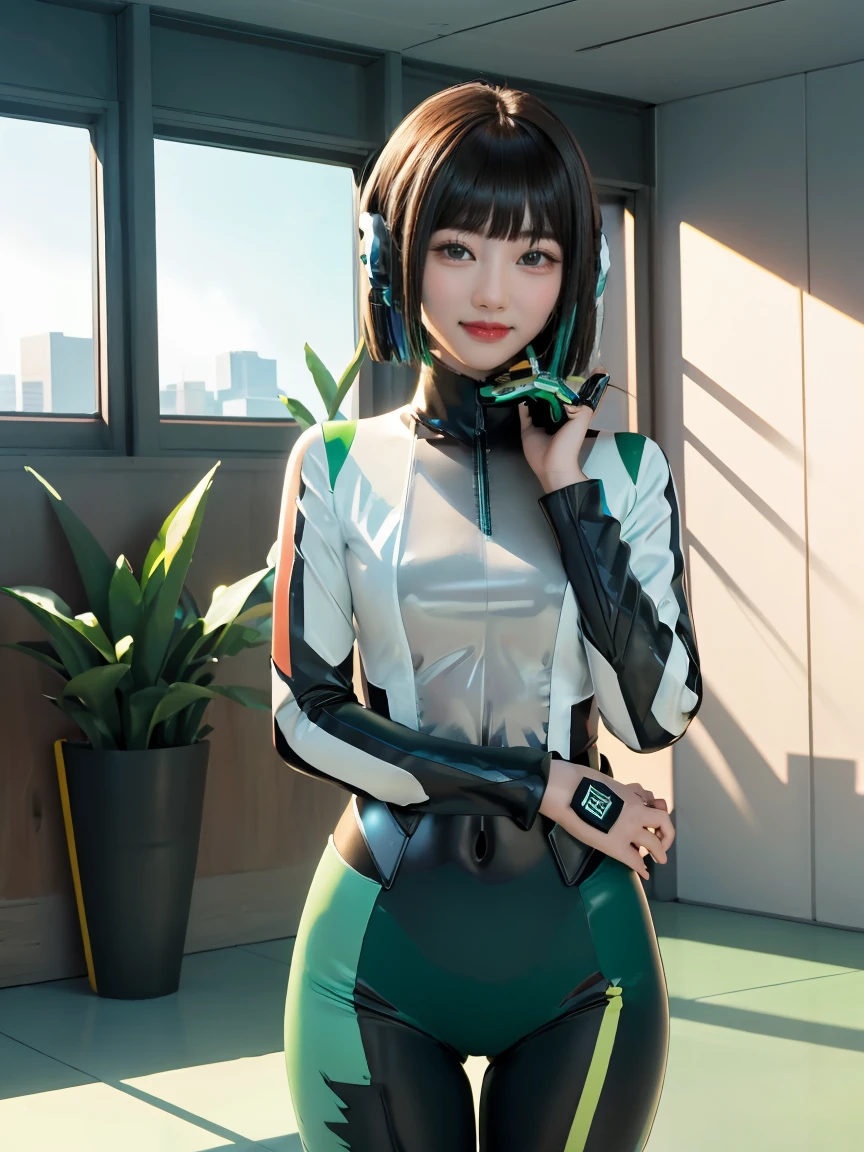 (extremely detailed CG), (best quality), 1girl,solo perfect face,  shiny skin, lustrous skin, wide hips, narrow waist, kamen rider zero-two, ZeroTwo, rider belt, green armor, bodysuit, green armor,gloves, black bodysuit, red gloves  HeroineIzu ,,aqua eyes, green hair,multicolored hair,humagear_headphones,black hair, bangs, short hair, ,indoors,own hands together, smile,