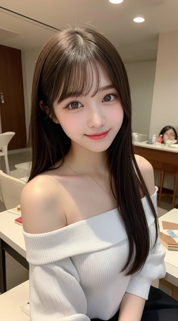 Tabletop, Highest quality, shape, Very detailed, finely, High resolution, 8K壁紙, 完璧なダイナミックな構shape, Beautiful and detailed, Off-shoulder Dreal chest, Natural color lip,優しいsmile,20-year-old girl、美しくDetailed face、Perfect and beautiful face,Big eyes、美しくDetailed face、Perfect and beautiful double eyelids、Blur the background、Feminine poses、Slim face and figure、Straight hair, (masterpiece, Highest quality, Very detailed, Detailed face, 8K)、Actual Photos（Best image quality）、smile,Shot from under the skirt