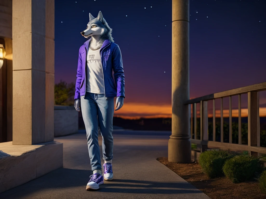 Porsha is a tall Arctic-gray wolf with yellow eyes and bluish-grey and white fur. She wears purple sunglasses, a dark blue jacket with multicolored accents, yellow trousers, grey and white sneakers, and a blue vintage t-shirt, anthro wolf, female, adult, blue fur, buffed body, tail, sexy, beefy body, furred body, furry chest hair, realistic, full body, photorealistic, ultra realistic, 8k, night, bare-chested