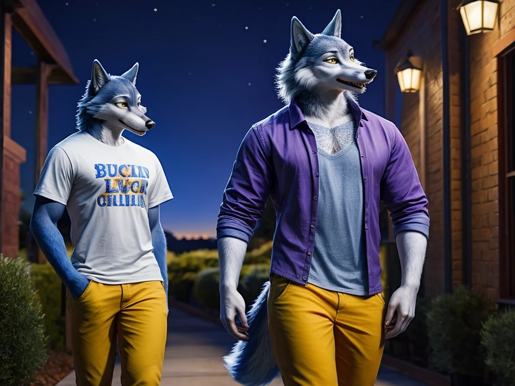 Porsha is a tall Arctic-gray wolf with yellow eyes and bluish-grey and white fur. She wears purple sunglasses, a dark blue jacket with multicolored accents, yellow trousers, grey and white sneakers, and a blue vintage t-shirt, anthro wolf, female, adult, blue fur, buffed body, tail, sexy, beefy body, furred body, furry chest hair, realistic, full body, photorealistic, ultra realistic, 8k, night, bare-chested