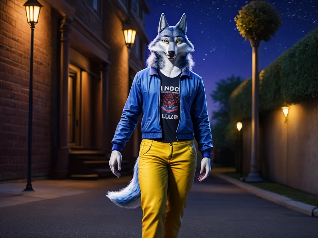 Porsha is a tall Arctic-gray wolf with yellow eyes and bluish-grey and white fur. She wears purple sunglasses, a dark blue jacket with multicolored accents, yellow trousers, grey and white sneakers, and a blue vintage t-shirt, anthro wolf, female, adult, blue fur, buffed body, tail, sexy, beefy body, furred body, furry chest hair, realistic, full body, photorealistic, ultra realistic, 8k, night, bare-chested